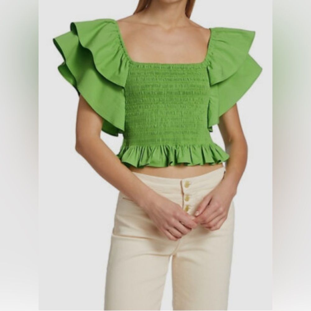 Nwot $245 Ramy Brook Women's Green Square Neck Ruffle Smocked Crop Top Size S